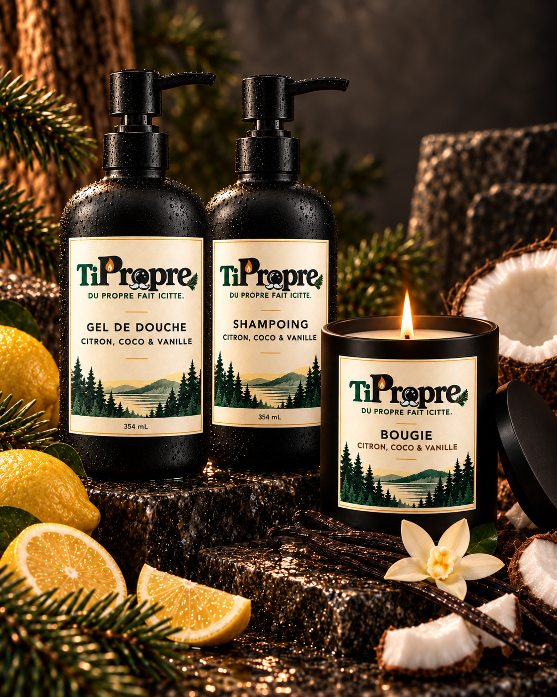 Trio des champions liquide TiPropre : gel de douche, shampoing et bougie