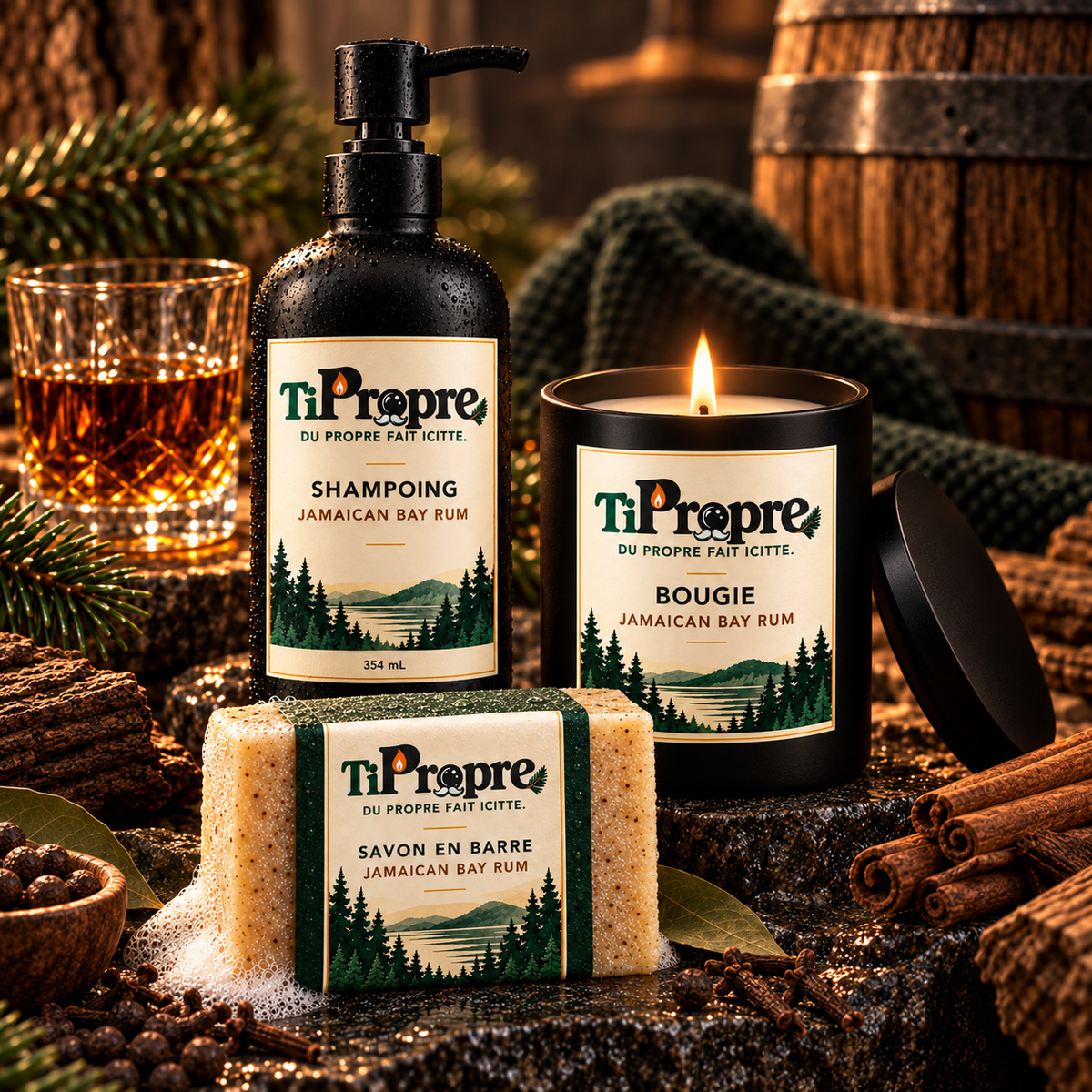 Trio des champions solide TiPropre : savon, shampoing et bougie