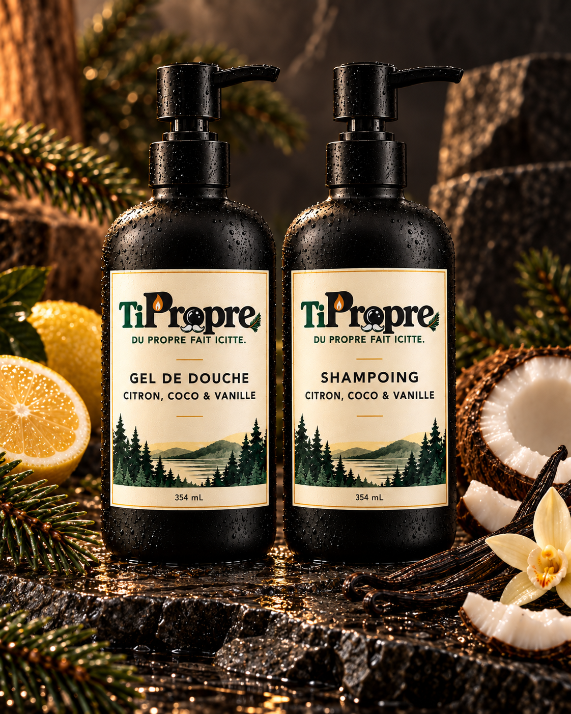 Duo des champions liquide TiPropre : gel de douche et shampoing, visuel Citron, coco et vanille