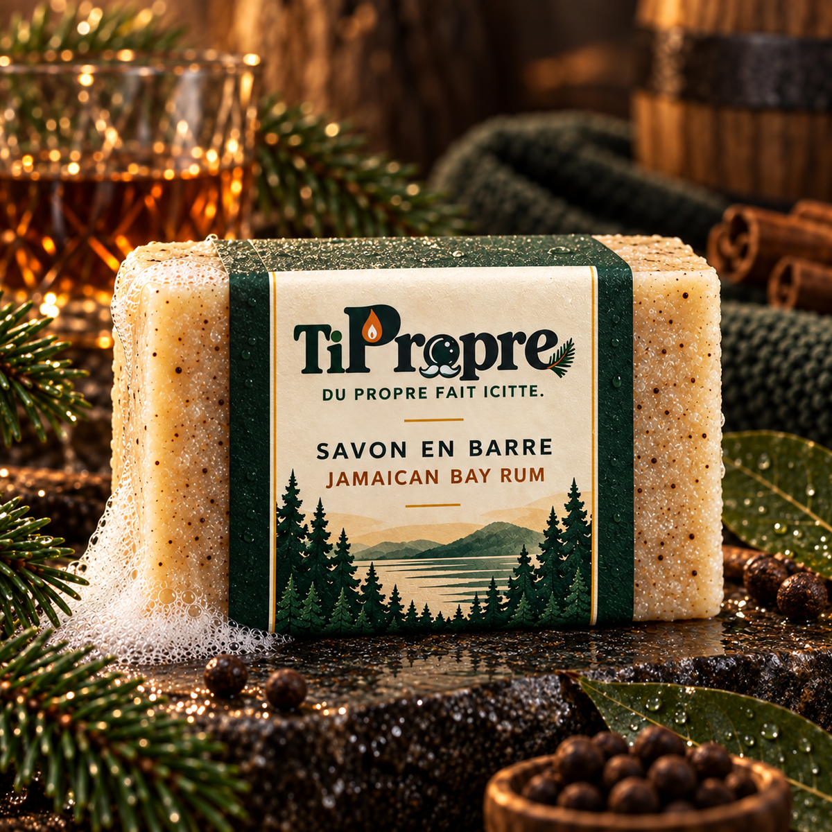 Savon en barre TiPropre Jamaican Bay Rum avec bande de papier